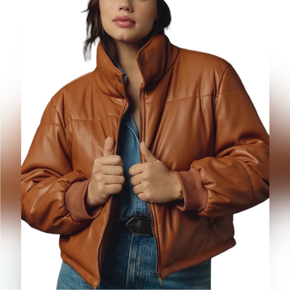 Anthropologie NWOT Faux Leather Cropped Puffer Jacket